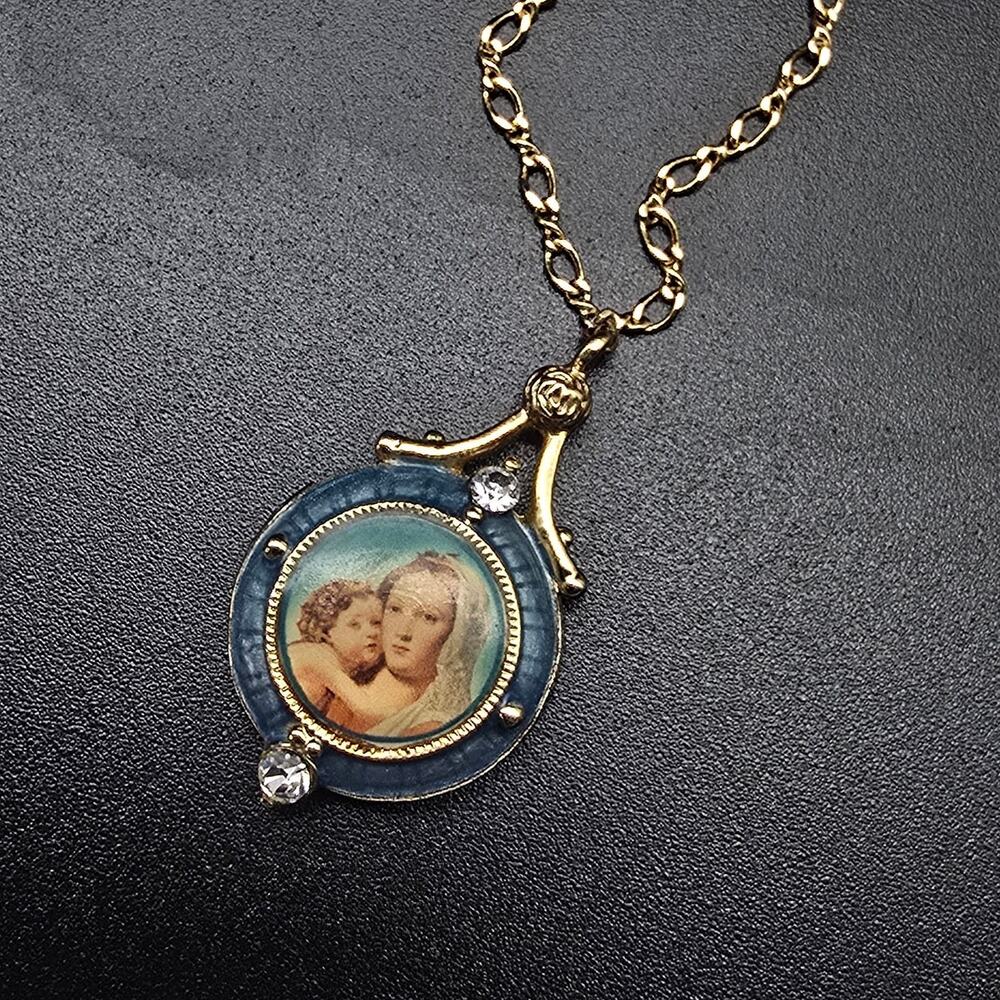 1928 Symbols Of Faith Necklace Mary Madonna Child Blue Gold Tone Religious